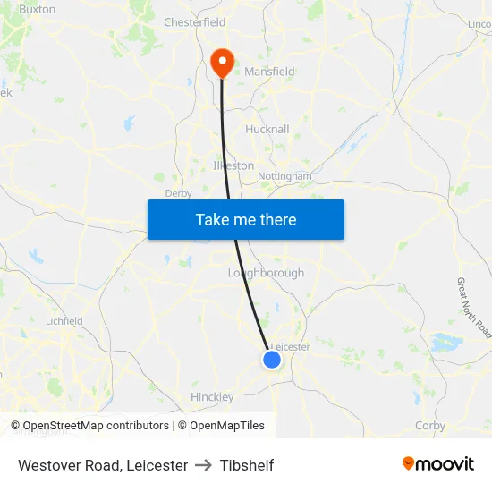Westover Road, Leicester to Tibshelf map