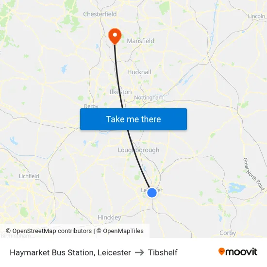 Haymarket Bus Station, Leicester to Tibshelf map