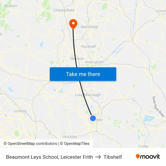 Beaumont Leys School, Leicester Frith to Tibshelf map