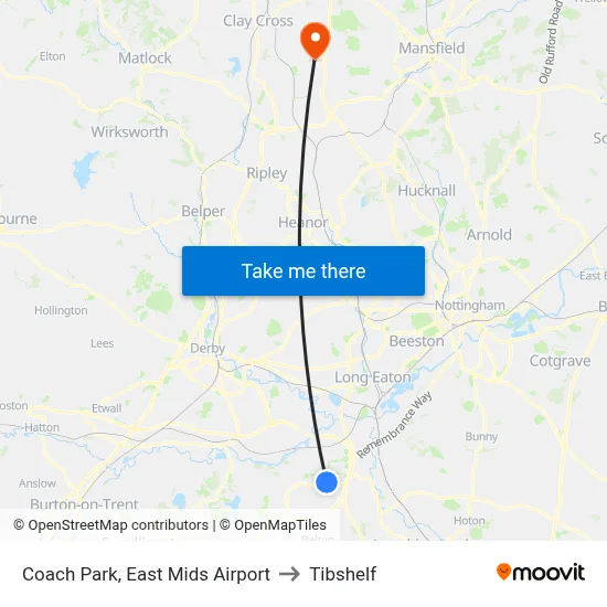 Coach Park, East Mids Airport to Tibshelf map