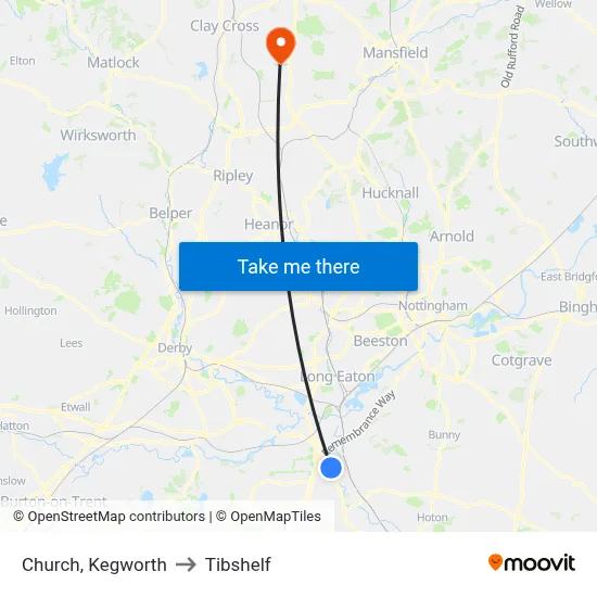 Church, Kegworth to Tibshelf map