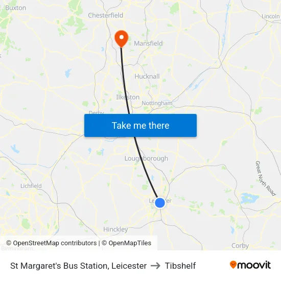 St Margaret's Bus Station, Leicester to Tibshelf map