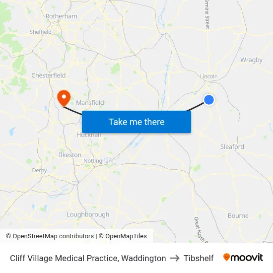 Cliff Village Medical Practice, Waddington to Tibshelf map