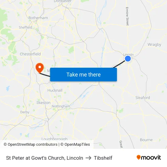 St Peter at Gowt's Church, Lincoln to Tibshelf map