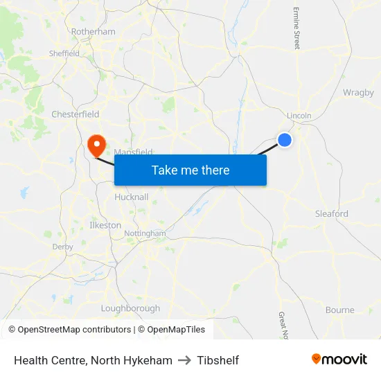 Health Centre, North Hykeham to Tibshelf map