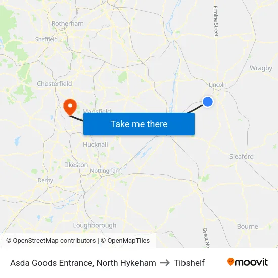 Asda Goods Entrance, North Hykeham to Tibshelf map