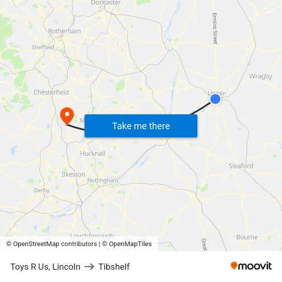 Toys R Us, Lincoln to Tibshelf map