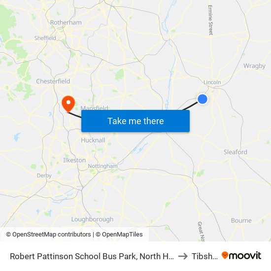 Robert Pattinson School Bus Park, North Hykeham to Tibshelf map