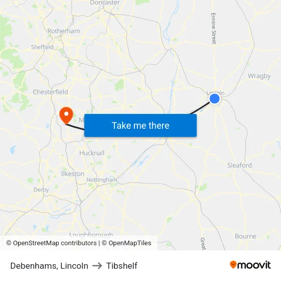 Debenhams, Lincoln to Tibshelf map