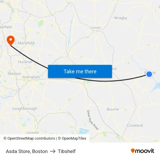 Asda Store, Boston to Tibshelf map
