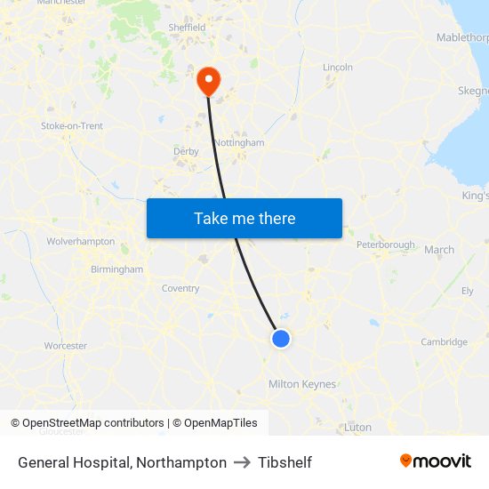 General Hospital, Northampton to Tibshelf map