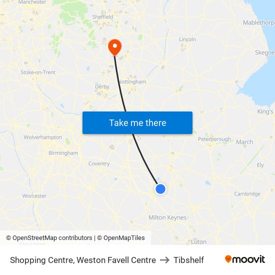 Shopping Centre, Weston Favell Centre to Tibshelf map