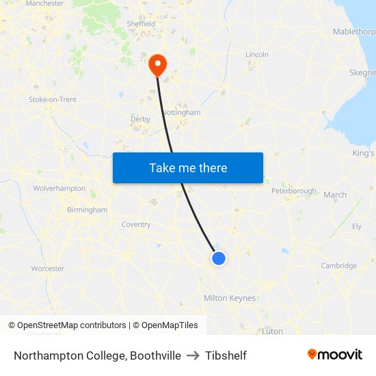 Northampton College, Boothville to Tibshelf map