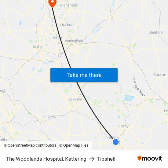 The Woodlands Hospital, Kettering to Tibshelf map