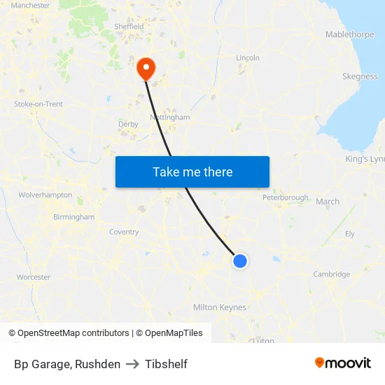 Bp Garage, Rushden to Tibshelf map