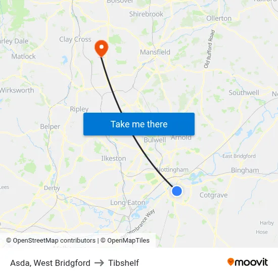 Asda, West Bridgford to Tibshelf map