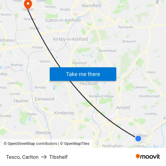 Tesco, Carlton to Tibshelf map