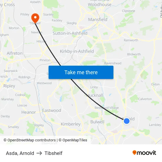 Asda, Arnold to Tibshelf map