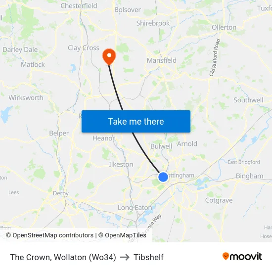 The Crown, Wollaton (Wo34) to Tibshelf map