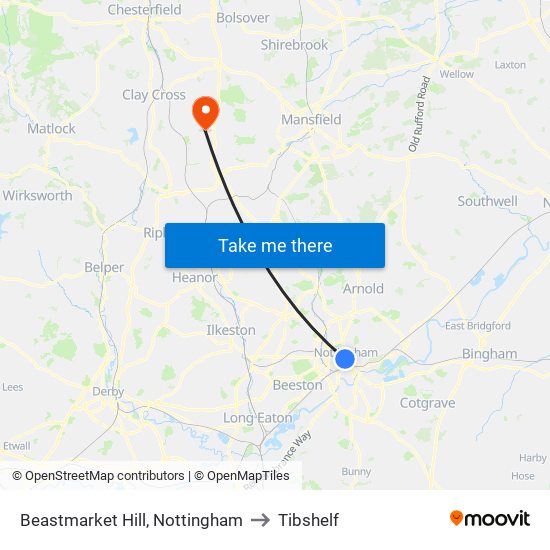 Beastmarket Hill, Nottingham to Tibshelf map