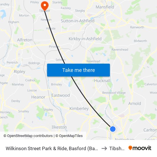 Wilkinson Street Park & Ride, Basford (Ba85) to Tibshelf map