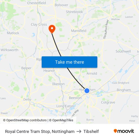 Royal Centre Tram Stop, Nottingham to Tibshelf map