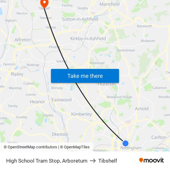 High School Tram Stop, Arboretum to Tibshelf map