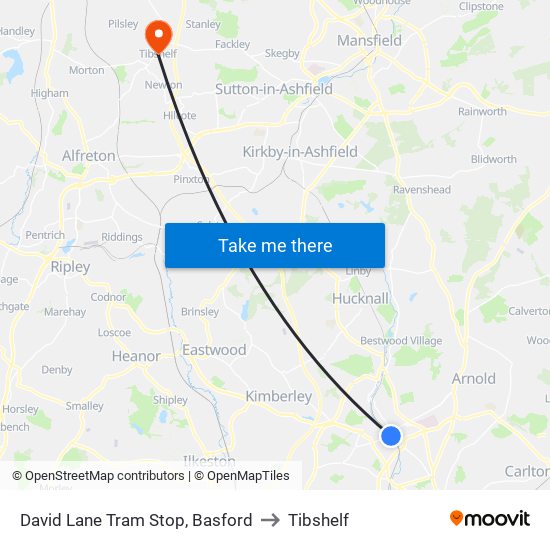 David Lane Tram Stop, Basford to Tibshelf map