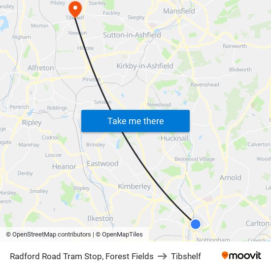 Radford Road Tram Stop, Forest Fields to Tibshelf map