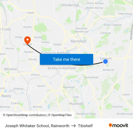 Joseph Whitaker School, Rainworth to Tibshelf map