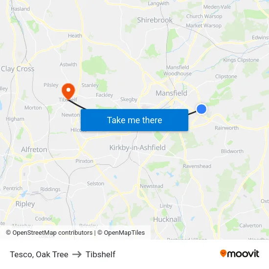 Tesco, Oak Tree to Tibshelf map