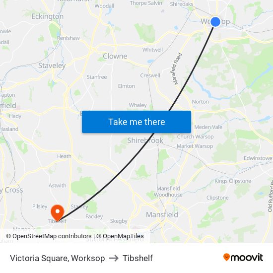 Victoria Square, Worksop to Tibshelf map