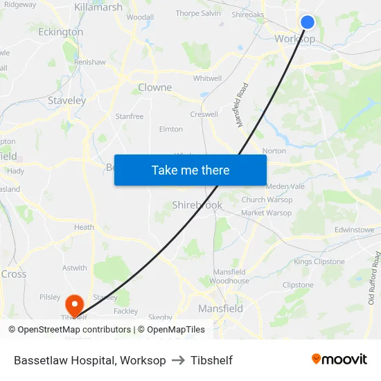 Bassetlaw Hospital, Worksop to Tibshelf map