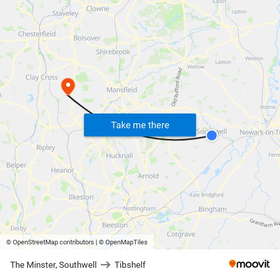 The Minster, Southwell to Tibshelf map