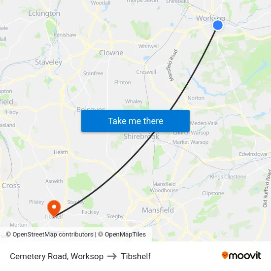 Cemetery Road, Worksop to Tibshelf map
