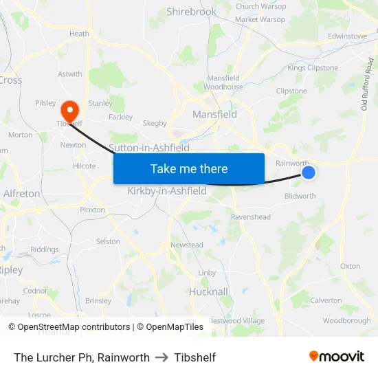 The Lurcher Ph, Rainworth to Tibshelf map