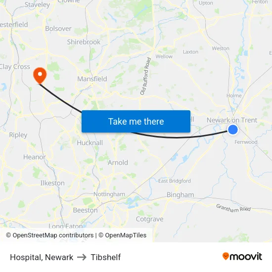 Hospital, Newark to Tibshelf map