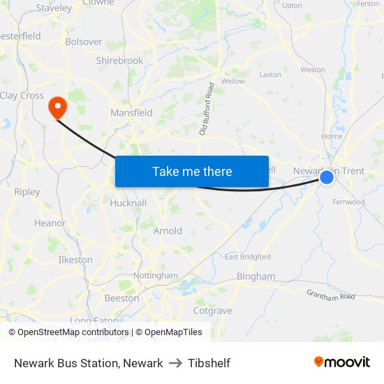 Newark Bus Station, Newark to Tibshelf map