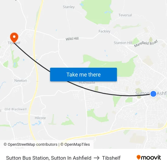 Sutton Bus Station, Sutton In Ashfield to Tibshelf map