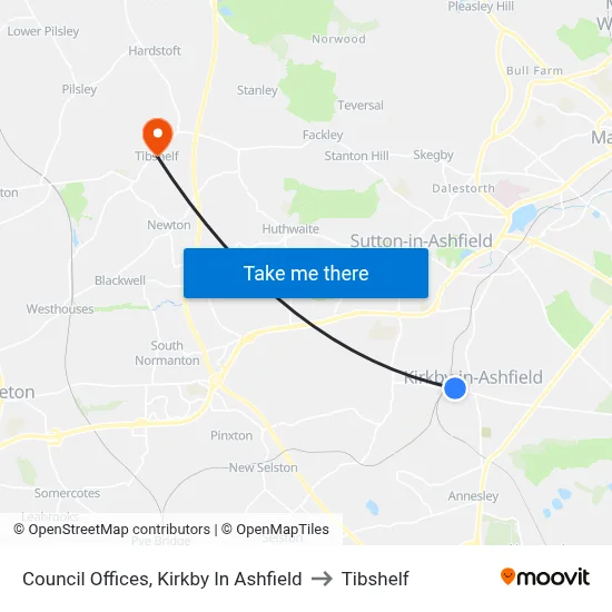 Council Offices, Kirkby In Ashfield to Tibshelf map