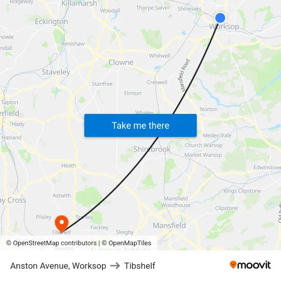 Anston Avenue, Worksop to Tibshelf map