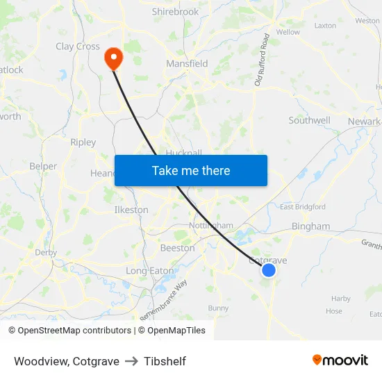 Woodview, Cotgrave to Tibshelf map