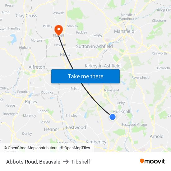 Abbots Road, Beauvale to Tibshelf map