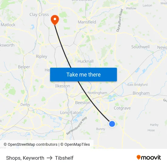 Shops, Keyworth to Tibshelf map
