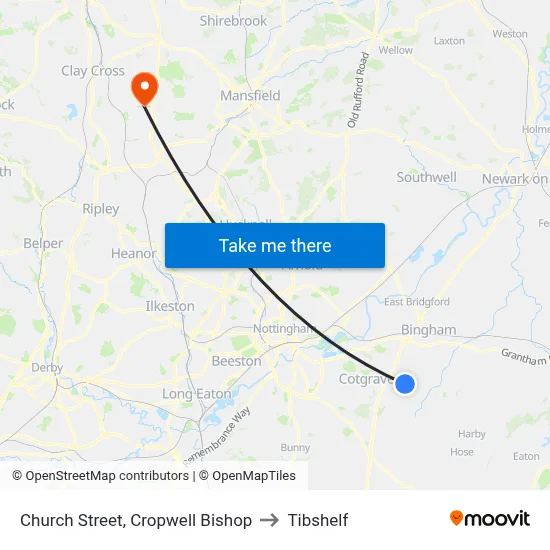 Church Street, Cropwell Bishop to Tibshelf map