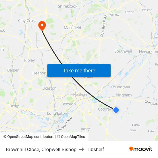 Brownhill Close, Cropwell Bishop to Tibshelf map