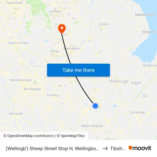 (Wellingb') Sheep Street Stop H, Wellingborough to Tibshelf map