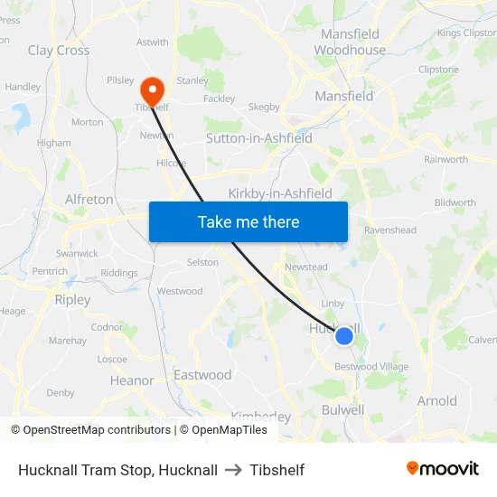 Hucknall Tram Stop, Hucknall to Tibshelf map