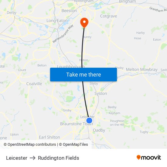 Leicester to Ruddington Fields map