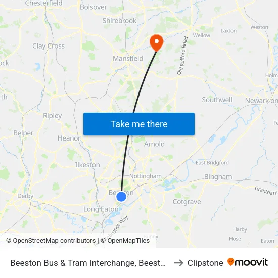 Beeston Bus & Tram Interchange, Beeston to Clipstone map